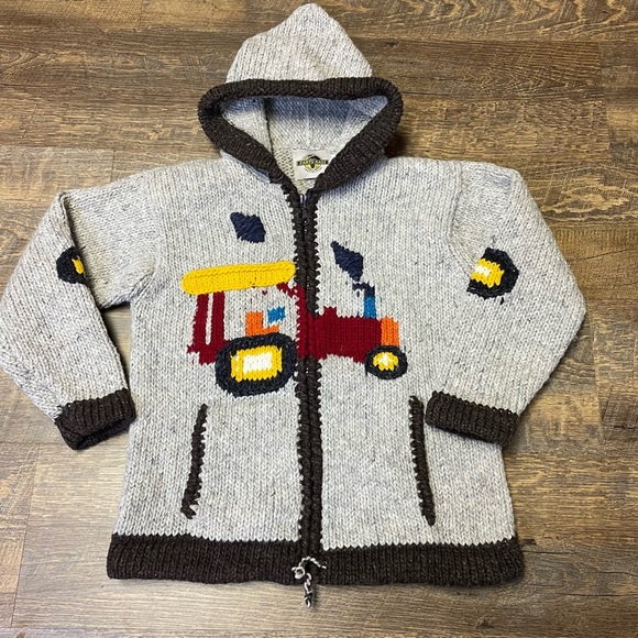 Earth Ragz Hooded Full Zip Train Wool Blend Sweater Boys Size Youth XL Hand Knit - Picture 1 of 10